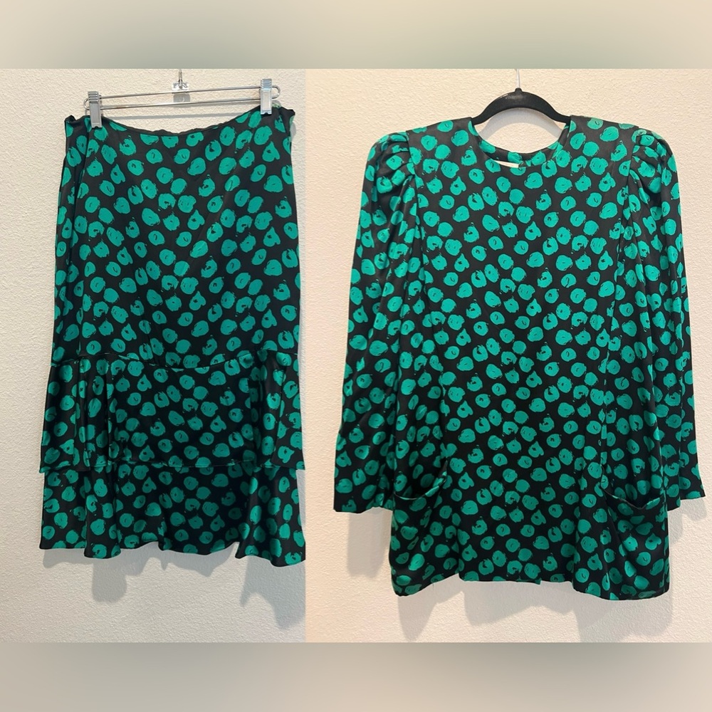 80s Richard Warren Silk 2 Piece Tunic Top & Skirt Black Turquoise Puff Sleeve 14